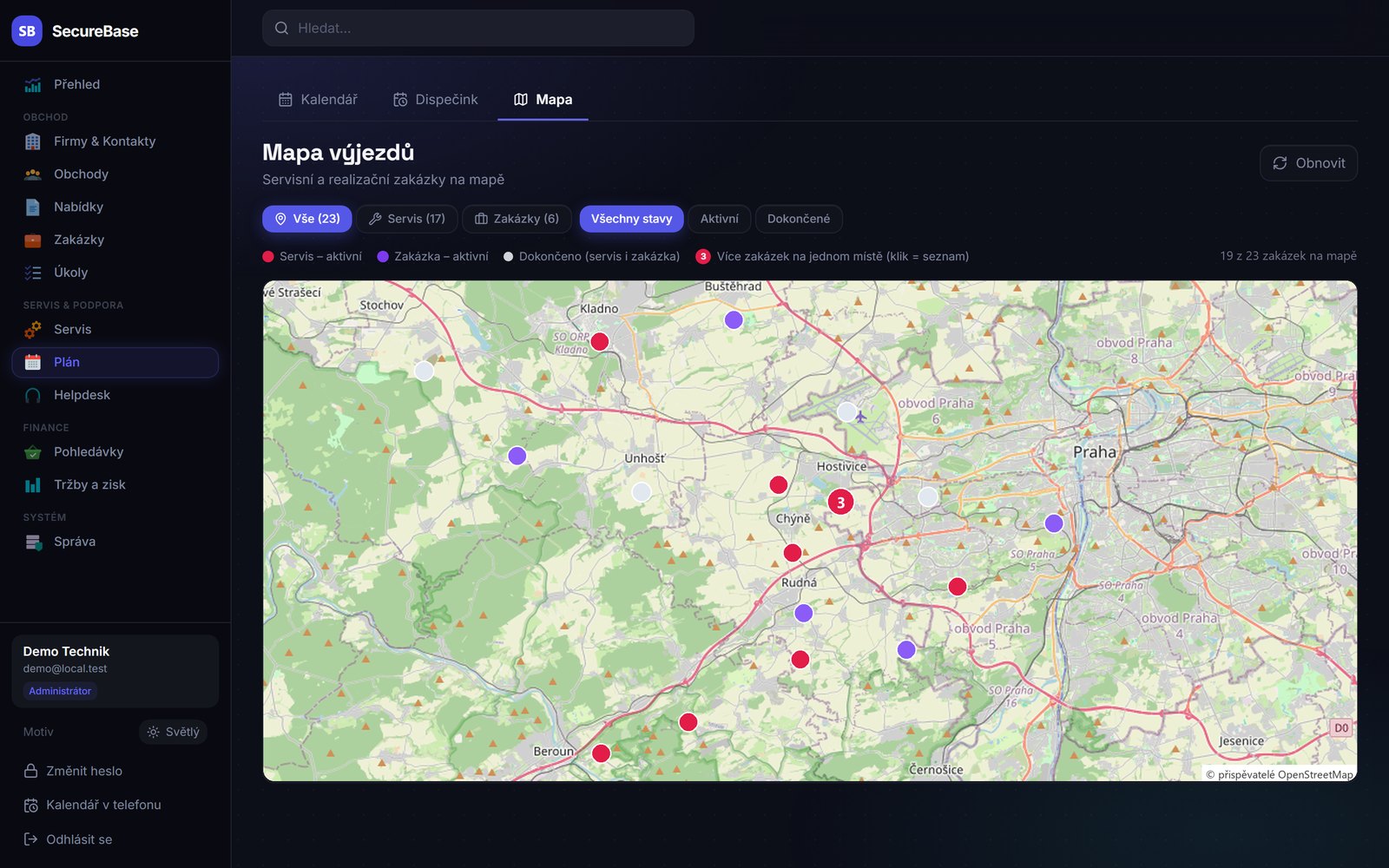Mapa výjezdů se servisními a realizačními zakázkami v okolí Prahy