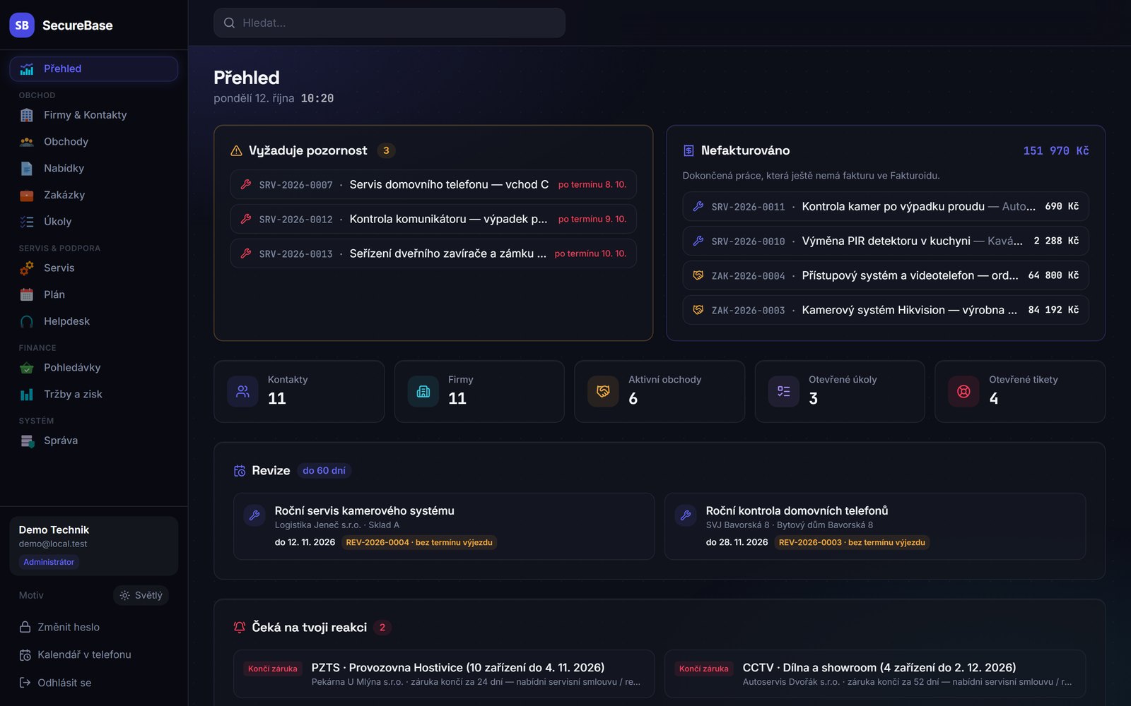 Přehled v našem CRM: zakázky po termínu, nevyfakturovaná práce a blížící se revize